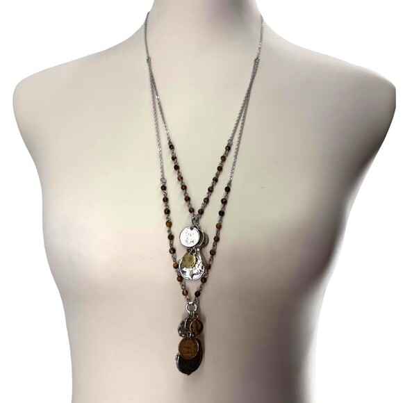 J. Jill Layered Coin Charm Necklace Silver Tone Beaded Medallion Statement NWT - Picture 3 of 11